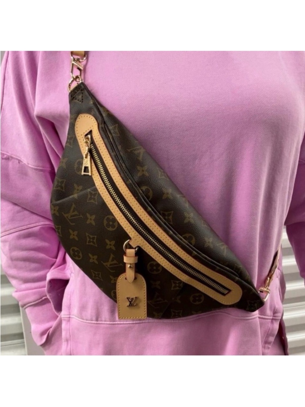 Cute fashion Brown Monogram Crossbody Belt Bag with Tan Trim